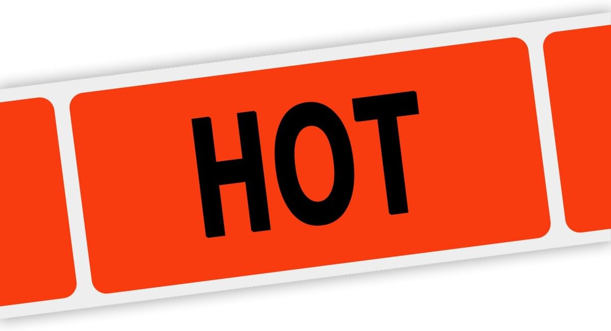 Specialty Printing Hot Grabber Label Dayglo Red with Black Print, 1.375" x 3/4" | 1000/Roll