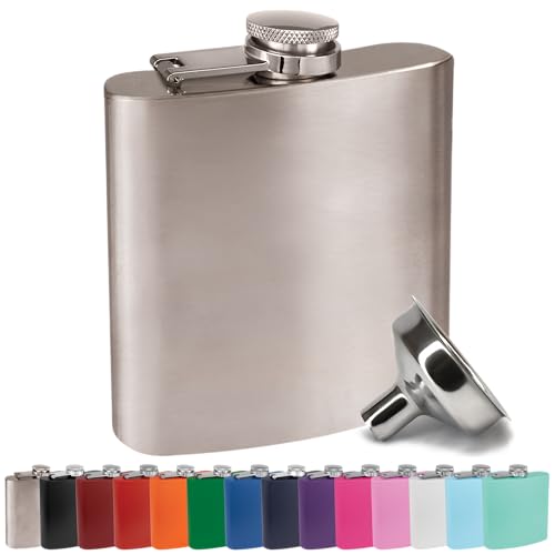 6 oz Stainless Steel Hip Flask with Funnel for Men & Women, Powder Coated Flask Gift Sets for Groomsmen, Bridesmaids, Wedding Party Whiskey Flask for Liquor, by Clear Water Home Goods, Stainless Steel