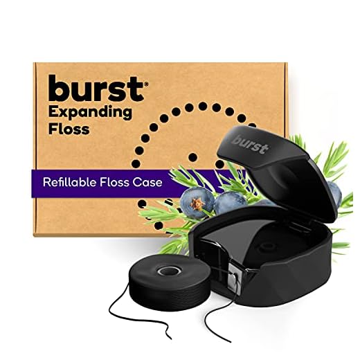 BURST Refillable Dental Floss Dispenser Set - Juniper Berry Scent - Charcoal Coated, Expanding Floss - Stain-Absorbing, Woven Tooth Floss - Black Case + 32 Yards Charcoal Floss