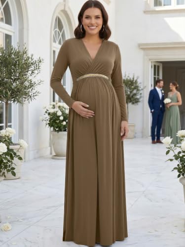 Image of KOH KOH Womens Maternity Long Sleeve V-Neck Flowy Winter Maxi Dress Gown