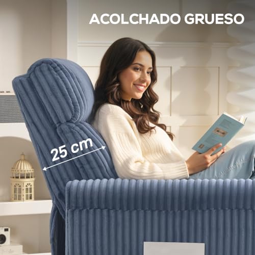 Miniatura 6 de Homcom Sillón Relax Reclinable, Sillón Reclinable Manual, Tapizado En Pana, Instalación Rápida, Reposapiés, Acolchado Grueso, Para Salón, Dormitorio, Oficina, Azul Oscuro