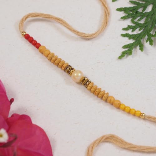 Image of I Jewels Sandalwood Beads Rakhi With Roli Chawal & Rakshabandhan Card for Men /Bro /Brother