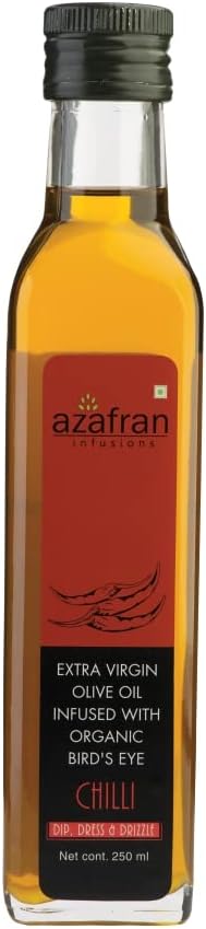 Azafran Organic Extra Virgin Olive Oil | Natural & Cold Pressed, Infused with Bird's Eye Chilli| Edible Premium Grade | Ideal For Cooking, Salad Dressing, Garnishing, Toasts, Sauteing & Dipping. 250ml