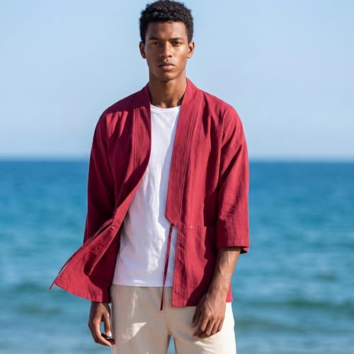 Image of Haseil Men's Kimono Cardigan Japanese Jackets Casual Cotton 3 /4 Sleeve Shirt Open Front Coat Lightweight Linen Outwear