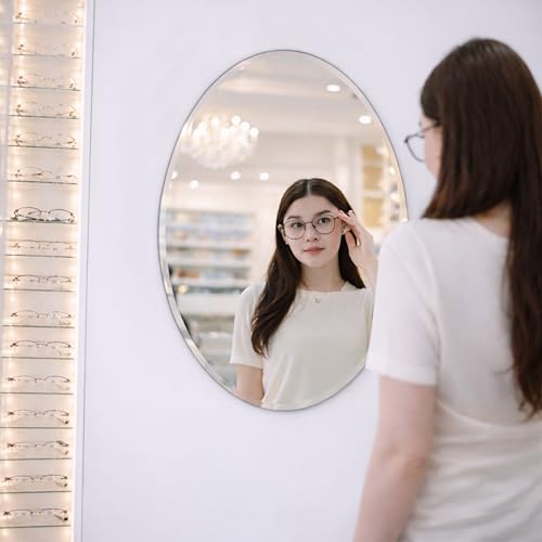 Image of Rousrie Frameless Wall Mirror for Bathroom, Glass, Modern, Clear, Rectangle, 60 x 45 Centimeters, Wall Mount (1, Oval)