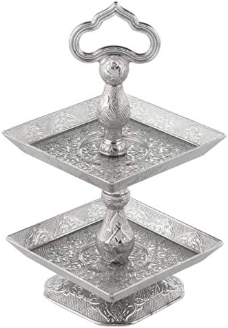 Premium Quality Silver Brass Vintage Authentic Luxury Cake/Cookie/Snack/Sweet/Dessert/Nuts/Fruit Stand 2 Tier Serving Platter with Square Metal Plate for Birthday/Party/Wedding/Baby Shower/Home