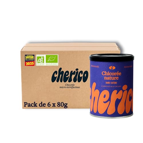 cherico - Chicorée soluble bio – Pack de 6 x 80g - Chicorée bio sans caféine nature - Riche en fibres - Chicorée d'origine végétale - Notes toastées et noisette – Sans Sucre - CHERICO