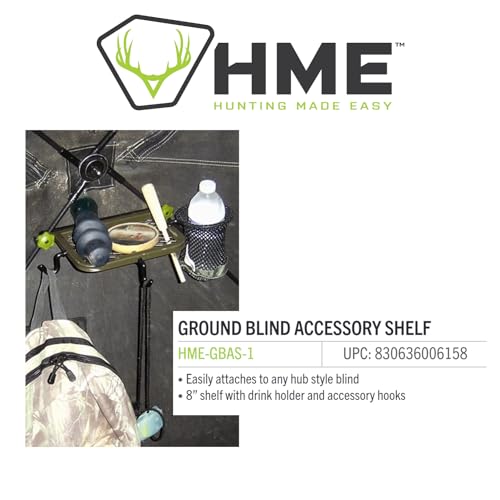 Image of HME Durable Convenient Easy-to-Attach Hunting Ground Blind Accessory Shelf (8 Inches) with Drink Holder & Accessory Hooks