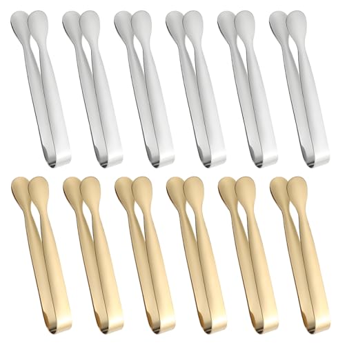 12Pcs Stainless Steel Ice Tongs, Mini Metal Tong for Ice Cubes, Sugar Cubes, Sweet, Small Serving Tongs for Kitchen, Buffet, Camping, Tea Party, Coffee Bar, Picnic, Dishwasher Safe