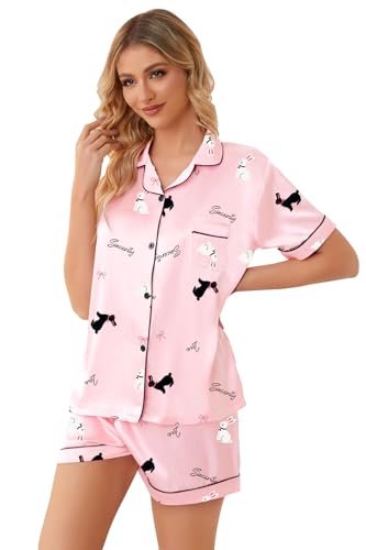 Image of Schbbbta Girls Womens Pajamas, Satin Silky Pjs Set Kids 2Pcs Button-Down Nightwear Sleepwear Gift for Mommy and me