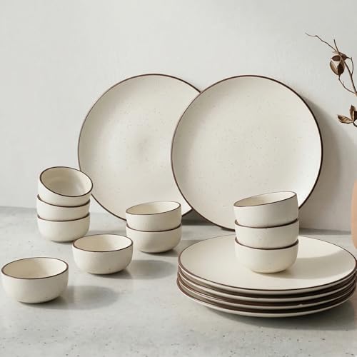 Image of The Earth Store Creme Matte Ceramic Dinner Set, 18 Pieces Includes 6 Full Dinner Plates & 12 Vegetable Bowls Microwave and Dishwasher Safe,Dinner Sets | Crockery Set for Gifting & Dining