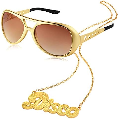 2 Pieces Disco Set Includes 1 Pair of Retro Costume Sunglasses, 1 Piece Disco Sign Necklace 50's 60's for Women Men, Gold Cover