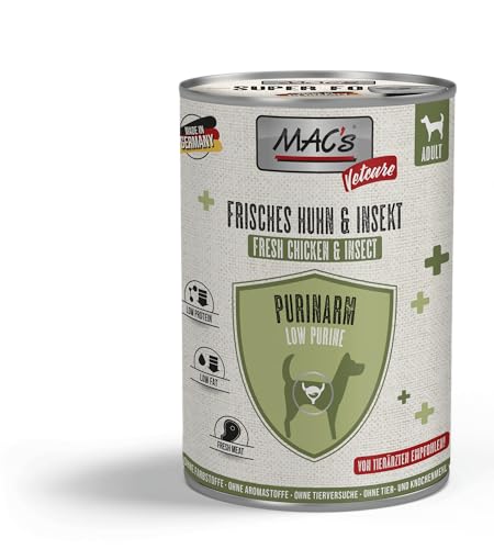 MACs Dog Vetcare Purinarm Huhn & Insekt 6 x 400g | Ohne Füll- und Zusatzstoffe | Mageres, frisches Hühnerfleisch | Für Hunde mit hohen Purinwerten