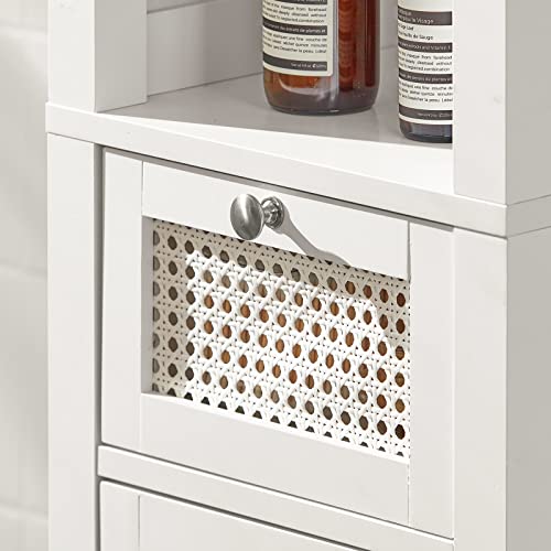 Haotian Bzr36-W, White Tall Bathroom Cabinet With Open Shelves, Drawer And Rattan Door #TOP3