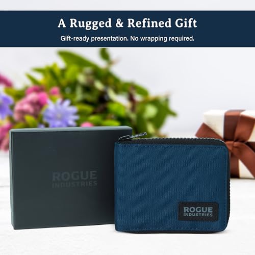 Image of ROGUE WALLET Interior Genuine Leather Wallets for Men - RFID Blocking Robust Outer Nylon Wallets - Full Cash Slot and Expandable Coin Pouch - Gift for Men (Navy)