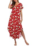 Ekouaer Long Nightgowns for Women Button Night Gowns Short Sleeve Sleepwear Sleep Shirts With Pockets Christmas Elk M