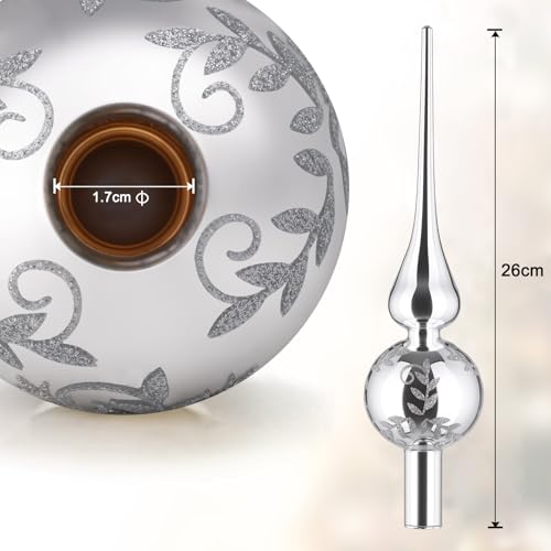 Christbaumspitze Glas Silber, Weihnachtsbaumspitze, UNOLIGA 26cm Mundgeblasen Glas Tannenbaum Spitze, Vintage Baumspitze (Silber)