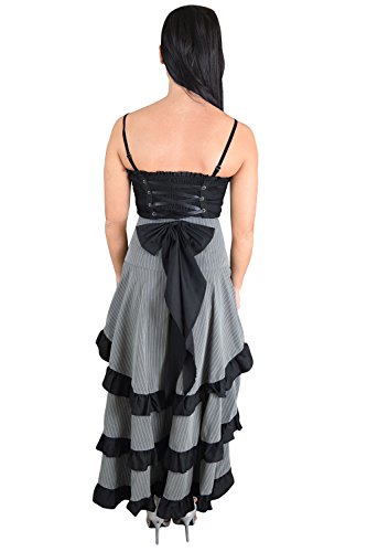 Gothic Victorian High Low Bustle Skirt – Pinstripe Tiered Steampunk Long Maxi Skirt with Ruffles and Bow Skirt3