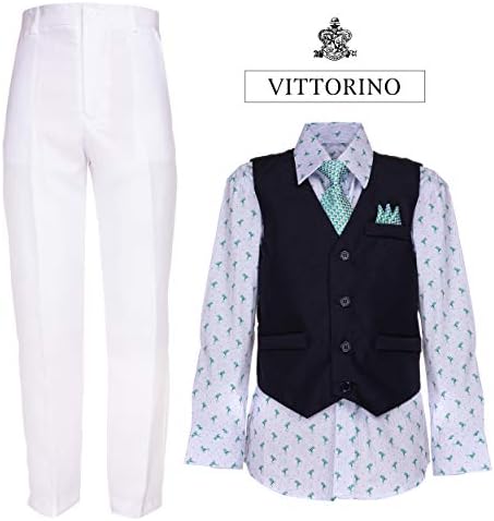 Vittorino Boys 4 Piece Holiday Suit Set with Vest Shirt Tie Pants and Hankerchief, Navy/White/Frogs,5 - 1
