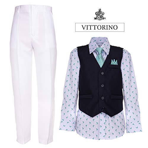 Vittorino Boys 4 Piece Holiday Suit Set With Vest Shirt Tie Pants And Hankerchief, Navy/White/Frogs,4T #TOP1
