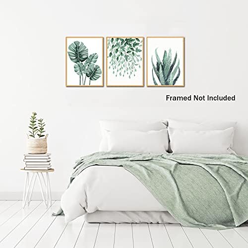 Green Plant Decor Wall Art - Nature Canvas Modern Minimalist Watercolor Succulent Monstera Paintings for Walls Tropical Home Decor Bathroom Kitchen Decorations Set of 3 Leaf Pictures Posters Unframed