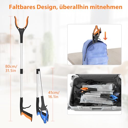 80cm Greifzange für Senioren im 2er-Pack - Ergonomische Greifzange mit 360° Drehkopf und rutschfester Klaue, Greifer für Senioren