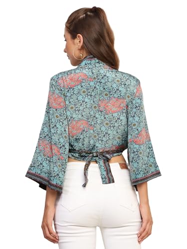 Image of KE KANHA EXPORTS Wrap Top for Woman| Beach Wear for Women|Wrap Tops|Boho Border Print|Kimono Style V Neck|Silky Premium Feel|Multicolor|Easily fits S-M-L|Bust 32-38in|Length 18in|Boho Beach Vibe