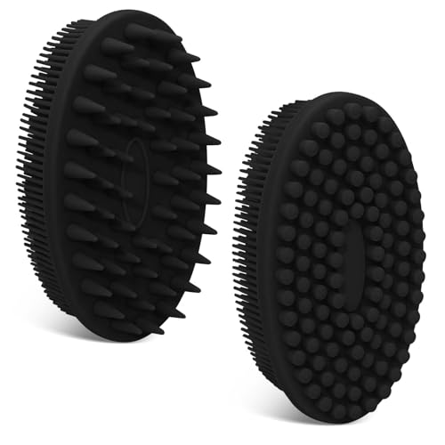 GEENOA Soft Silicone Body Scrubber 2PCS, Dual-Side Silicone Loofah for Shower, Gentle Loofa Alternative, Replaceable Brush Head to be Used Alone or with Long Handle (Blackx2)