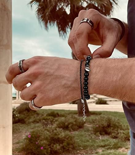Emibele Mens Bracelets Set Black Beaded Bracelet Stainless Steel Chain Bracelet PU Leather Bracelet Punk Style Wrap Bracelets 3PCS Stackable Adjustable Wrist Bracelet Sets Men's Jewelry
