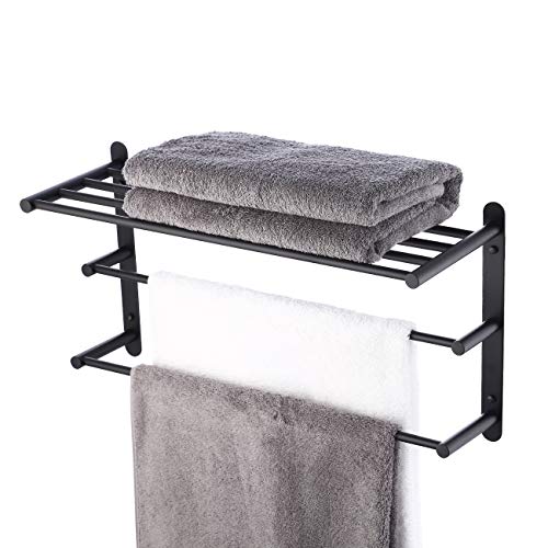 KES Towel Shelf 24 Inch Wall Mount Towel Rack with Double Towel Bar Bathroom Storage Organizer Shelf SUS304 Stainless Steel Matte Black Finish, BTR205S60-BK