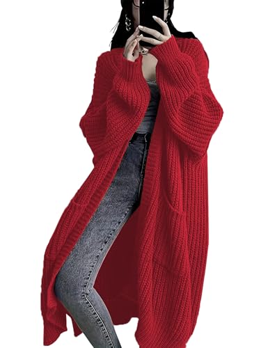 LQAQL Women's Plus Size Long Sleeve Knit Open Front Sweater Loose Cardigan Sweaters Outerwear Coats (Red, 2X-Large)