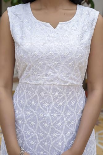 JG JAI GOVINDAM Pure Cotton Sleeveless Lucknowi Chikankari Kurtis For Women Indian Style Casual Long White Straight Kurti4
