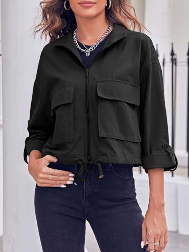 Tankaneo Women Casual Cropped Jackets Zip Up Lightweight Military Safari Short Utility Coat with Pockets4