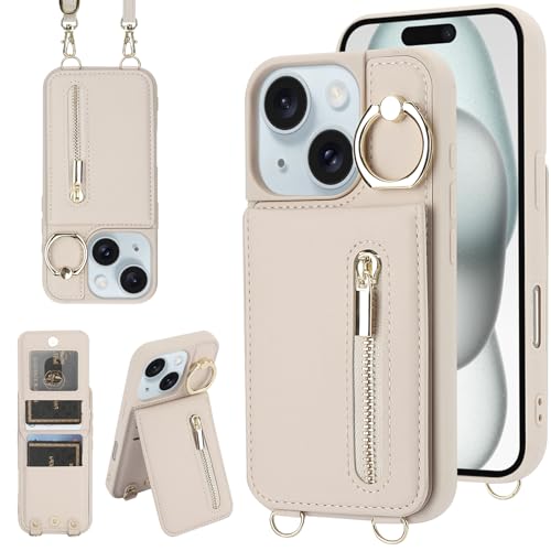 Jcxtrombulous Crossbody Wallet Case for iPhone 13/14 with Lanyard Strap Card Slot Holder RFID Blocking Ring Kickstand,Magnetic Flip Folio Zipper Purse Case, PU Leather Cover Handbag,Beige