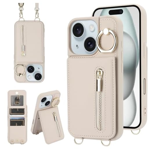 Jcxtrombulous for iPhone 13/14 Wallet Case with Strap Card Slot Holder RFID Blocking Ring Kickstand,Magnetic Flip Folio Zipper Crossbody Purse Case with Lanyard,PU Leather Cover Handbag,Beige
