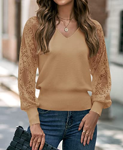Merokeety Women's V Neck Lace Long Sleeve Ribbed Knit Sweater Solid Color Pullover Tops #TOP1