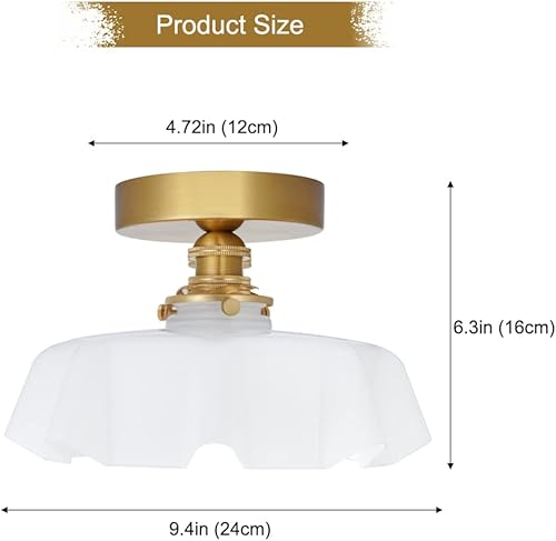 Miniatura 3 de Lámpara de techo semiempotrada de latón vintage de 9.4 pulgadas con pantalla de vidrio blanco leche, lámpara de techo antigua para pasillo, armario,