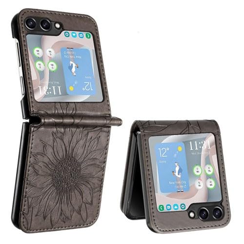 Étui Samsung Galaxy Z Flip 5 gris style portefeuille en cuir