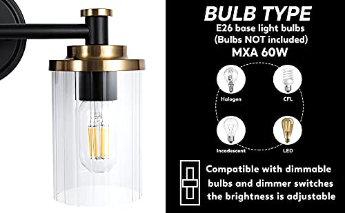 Image of Bathroom Lighting Fixtures Black and Brass Bathroom Vanity Light with Cylindrical Clear Stripes Glass Lampshade E26 Socket Base Bathroom Lighting Fixtures Over Mirror (2 Lights)
