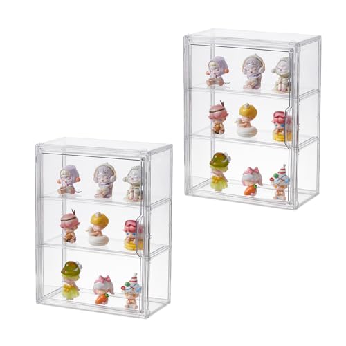 Image of 3 Tiers Clear Acrylic Display Case, Plastic Storage Bins with 2 Adjustable Divider and Magnetic Door,Stackable Display Box for Figures Showcase (2pack)