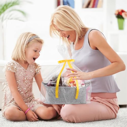 Image of OIAHOMY Woven Basket, Gift Basket Empty with Gift Bags and Ribbons, Rope Baskets for Baby Showers, Storage Baskets with Handles for Nursery, Pet Toy Organizer - Grey