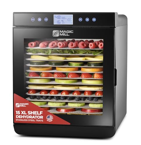 Comparison: Best Dehydrator 9 Magic Mill Premium Food Dehydrator Machine (15 Extra-Large Stainless Steel Trays) 800W Dryer for Beef Jerky, Fruits, Vegetables, Dog Treats, 48 Hour Digital Timer - 95°-167° Temperature Control