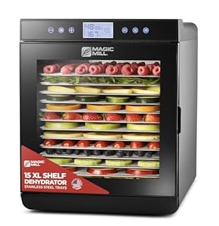 Magic Mill Premium Food Dehydrator Machine (15 Extra-Large Stainless Steel Trays) 800W Dryer for Beef Jerky, Fruits, Vegetables, Dog Treats, 48 Hour Digital Timer - 95°-167° Temperature Control