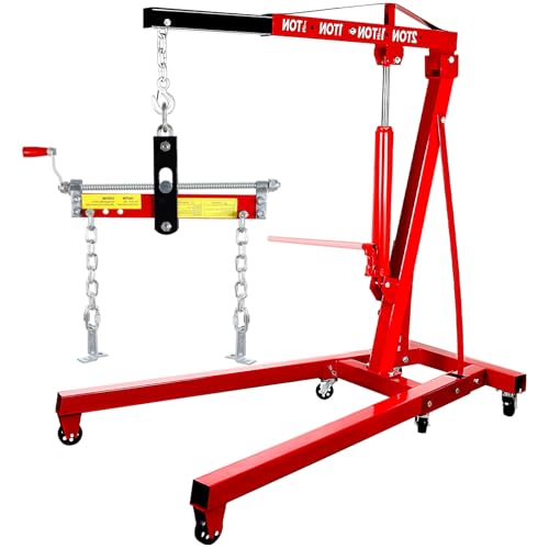4400 Lbs Folding Cherry Picker, 2 Ton Engine Hoist with Lever, with 6 Casters, 8 Ton Hydraulic Pump 4 Adjustable Position, Engine Crane for Garage, Workshop, Repair, Red
