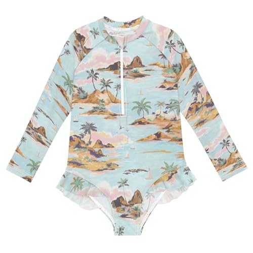 Ollabaky Baby Girls Long Sleeve Swimsuit Tropical Mountains Palm Trees Beach One Piece Bathing Suit Rash Guard UPF50+ Toddler Girl Swimwear, 7-8T