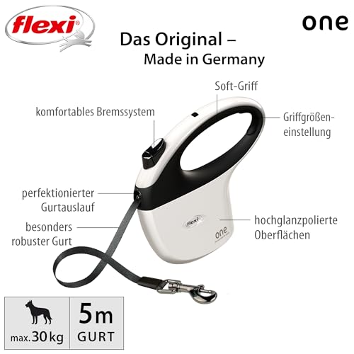 flexi® One Gurt 5 m weiß-schwarz, Designleine für Hunde bis 30 kg