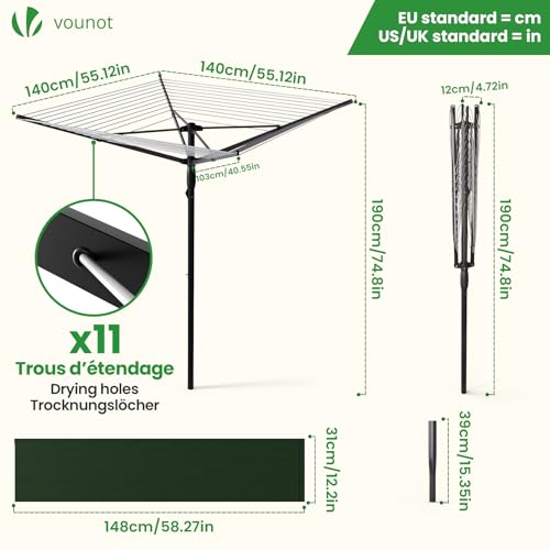 VOUNOT® 45m 4 Arm Rotary Washing Line with Cover & Metal Ground Spike, Heavy Duty Foldable Outdoor Clothes Airer, Whirligig Rotary Dryer for Garden, Black - Image 2