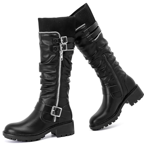 Ruiee Knee High Boots for Women Wide Calf Low Heeled Long Boots Comfort Wool Stitching Tall Fall Winter Dressy Flat Riding Combat Womens Boots. 240964 Black LPU Size9