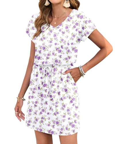 Image of AUSELILY Womens Summer Mini Dress, Short Sleeve V Neck Drawstring Casual | Soft smooth drape with an adjustable drawstring waist for beach, casual outings and daily wear