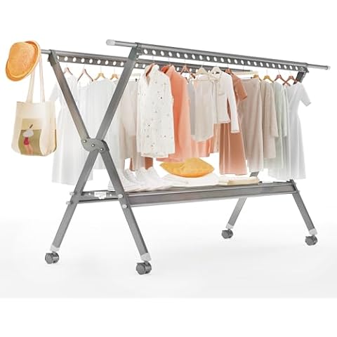 furlinkhm Clothes Drying Rack with Wheels，Clothing Folding Aluminum Alloy Laundry Drying Racks, Foldable Portable Indoor Outdoor Garment Rack with 48 Windproof Hooks (Grey) Cover